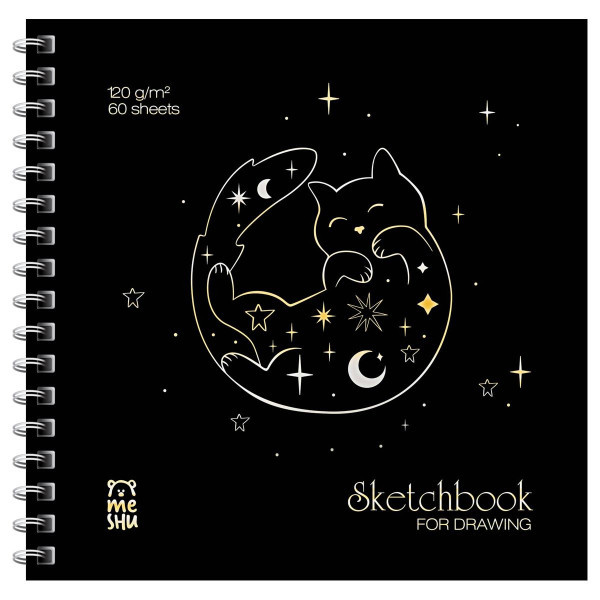 Скетчбук 60л. 150 x 150 мм MESHU "Black Cat" 120 г/м2, на гребне, отд. фольгой, soft-touch RE-MS_53037