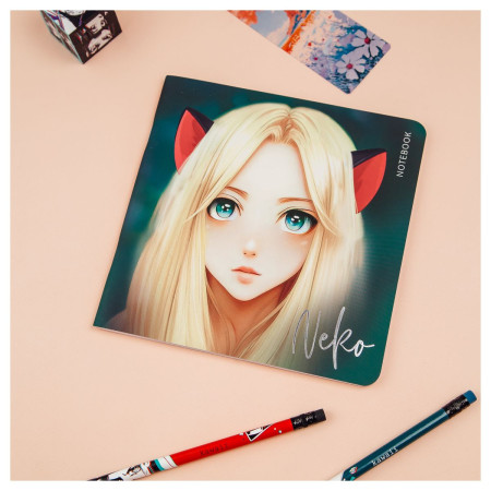 Записная книжка 170 x 170 мм 40л. MESHU "Neko" 80 г/м2 на скрепке, soft-touch, тиснение фольгой, без линовки RE-MS_53368