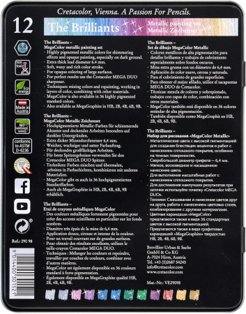 Набор цветных карандашей CRETACOLOR The Brilliants MegaColor 12 шт, увеличенные, мет.пенал CR29098