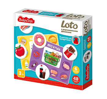 Лото Baby Toys с деревянными фишками "В магазин за продуктами" 6 карточек, 48 фишек, 3+ KOR-05029