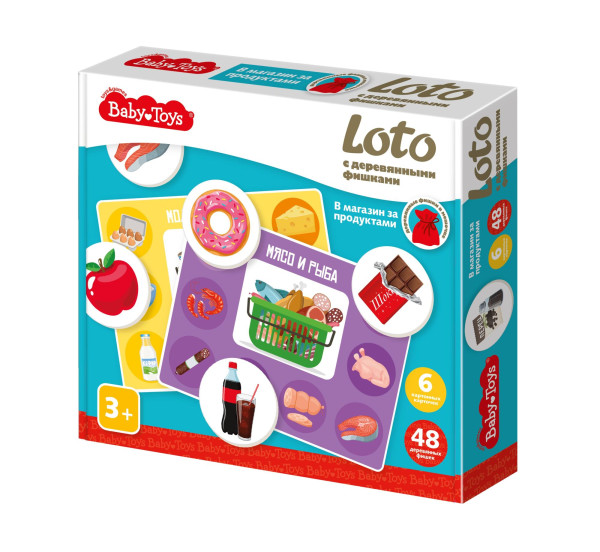 Лото Baby Toys с деревянными фишками "В магазин за продуктами" 6 карточек, 48 фишек, 3+ KOR-05029