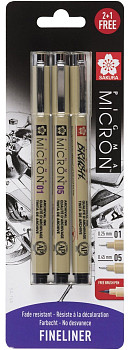 Набор капиллярных ручек SAKURA Pigma Micron 3 шт (0.25 мм, 0.45 мм + Pigma Brush) Черный MPBLXSDK3AS