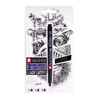 Набор капиллярных ручек SAKURA Pigma Micron 3 шт Black Edition (0.25 мм, 0.35 мм, 0.45 мм + кейс) RTPOXSDKB3